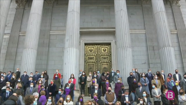 Aglomeració de diputats a l’escalinata del Congrés pel minut de silenci amb motiu del 25-N