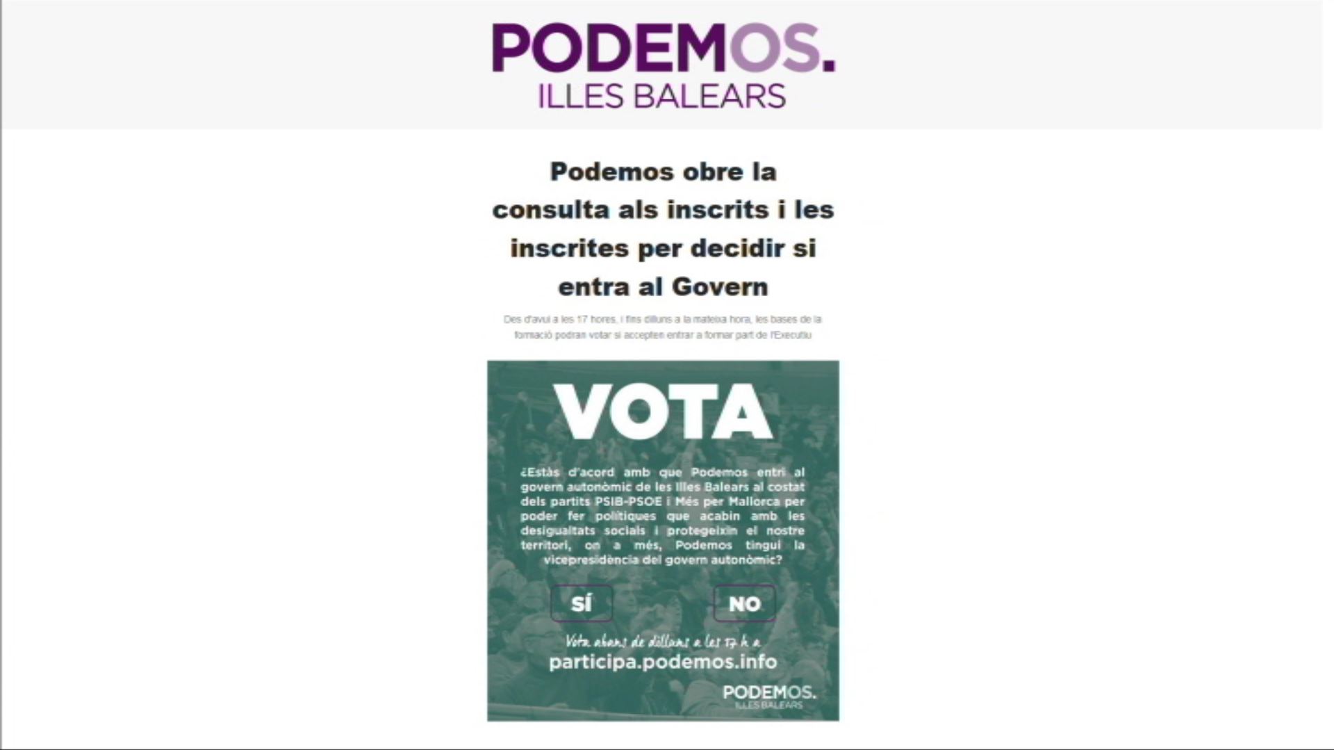 Les bases de Podem, a favor que la formació s’integri al Govern