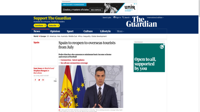 La premsa internacional es fa ressò de l’anunci de Sánchez de reobrir les portes al turisme estranger