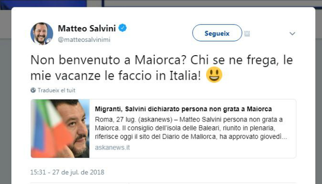 Matteo Salvini, ‘persona non grata’ a Mallorca: “No som benvingut? A qui li importa. Les meves vacacions les faig a Itàlia”